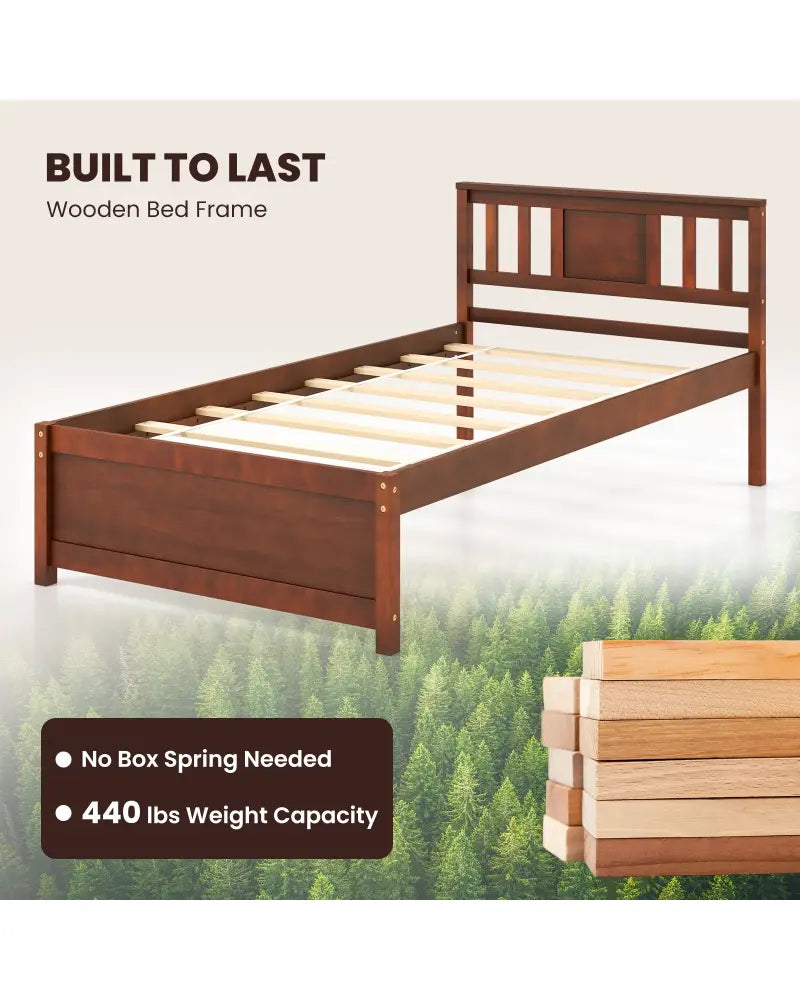 Wooden Platform Bed with Headboard and Slat Support-Twin Size - Walnut - Simple Bed Frame