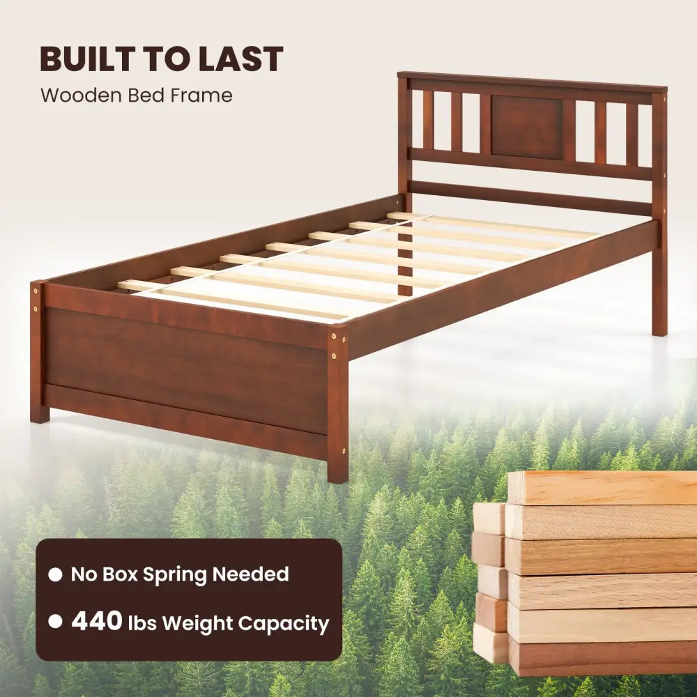 Wooden Platform Bed with Headboard and Slat Support-Twin Size - Walnut - Simple Bed Frame
