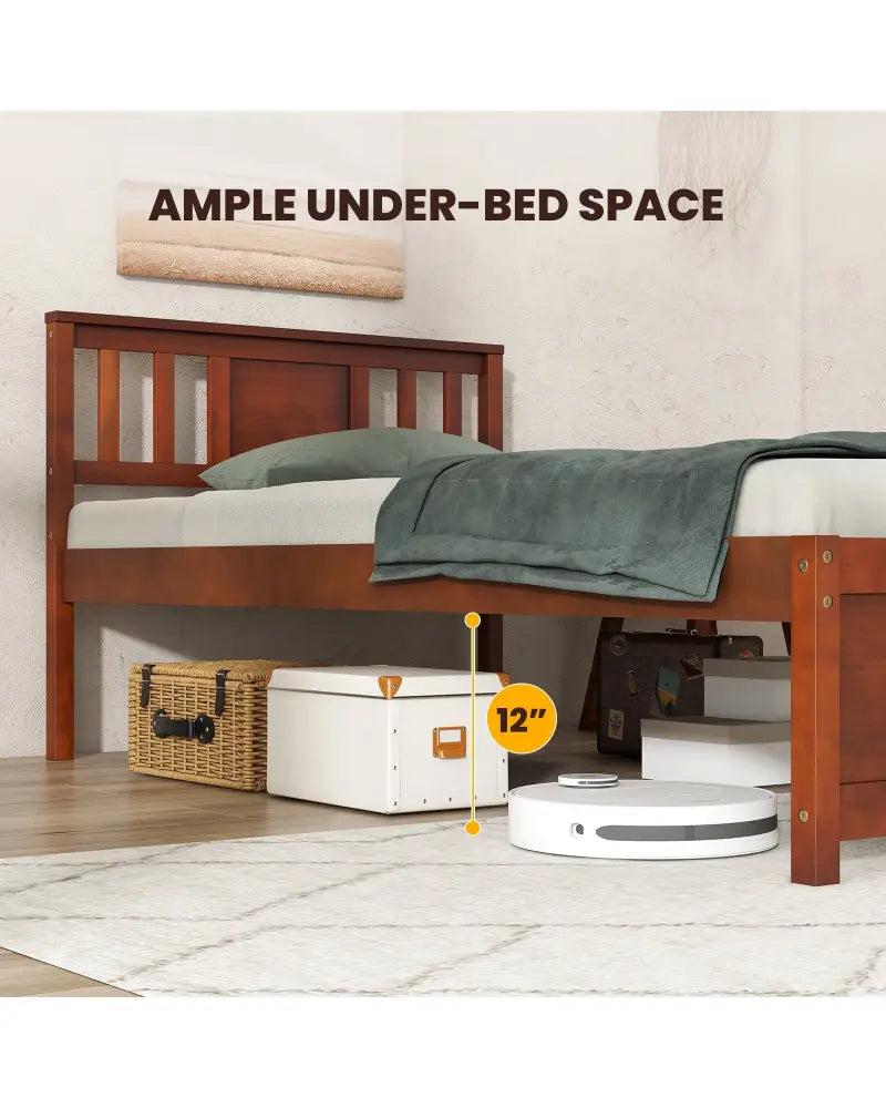 Wooden Platform Bed with Headboard and Slat Support-Twin Size - Walnut - Simple Bed Frame