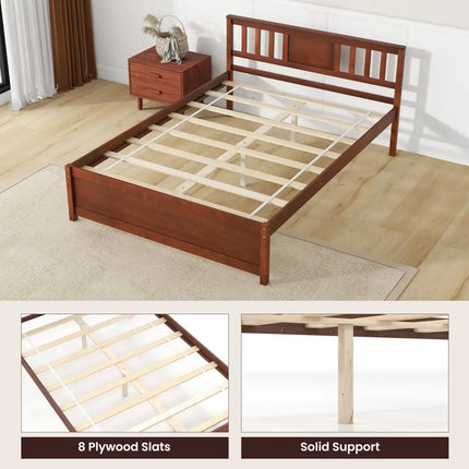 Wooden Platform Bed with Headboard and Wood Slat Support-Full Size - Walnut - Simple Bed Frame
