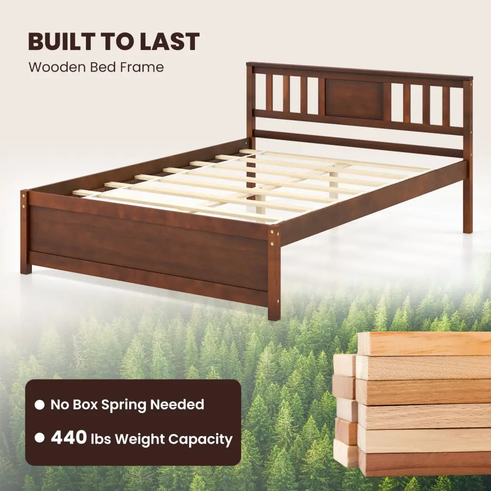 Wooden Platform Bed with Headboard and Wood Slat Support-Full Size - Walnut - Simple Bed Frame