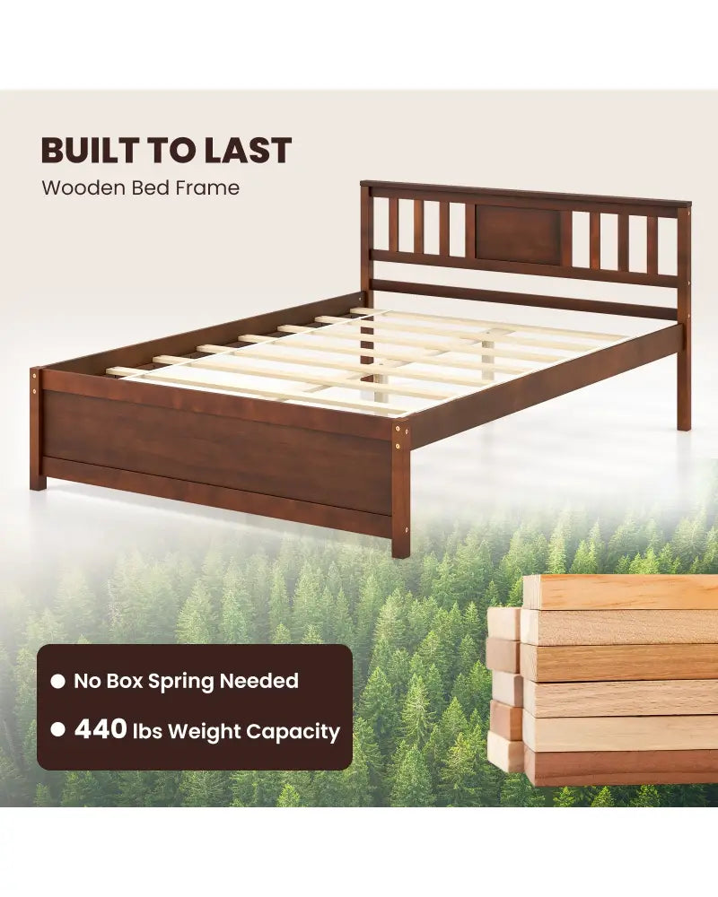 Wooden Platform Bed with Headboard and Wood Slat Support-Full Size - Walnut - Simple Bed Frame