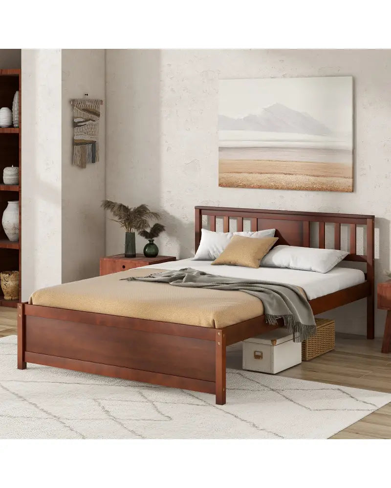 Wooden Platform Bed with Headboard and Wood Slat Support-Full Size - Walnut - Simple Bed Frame