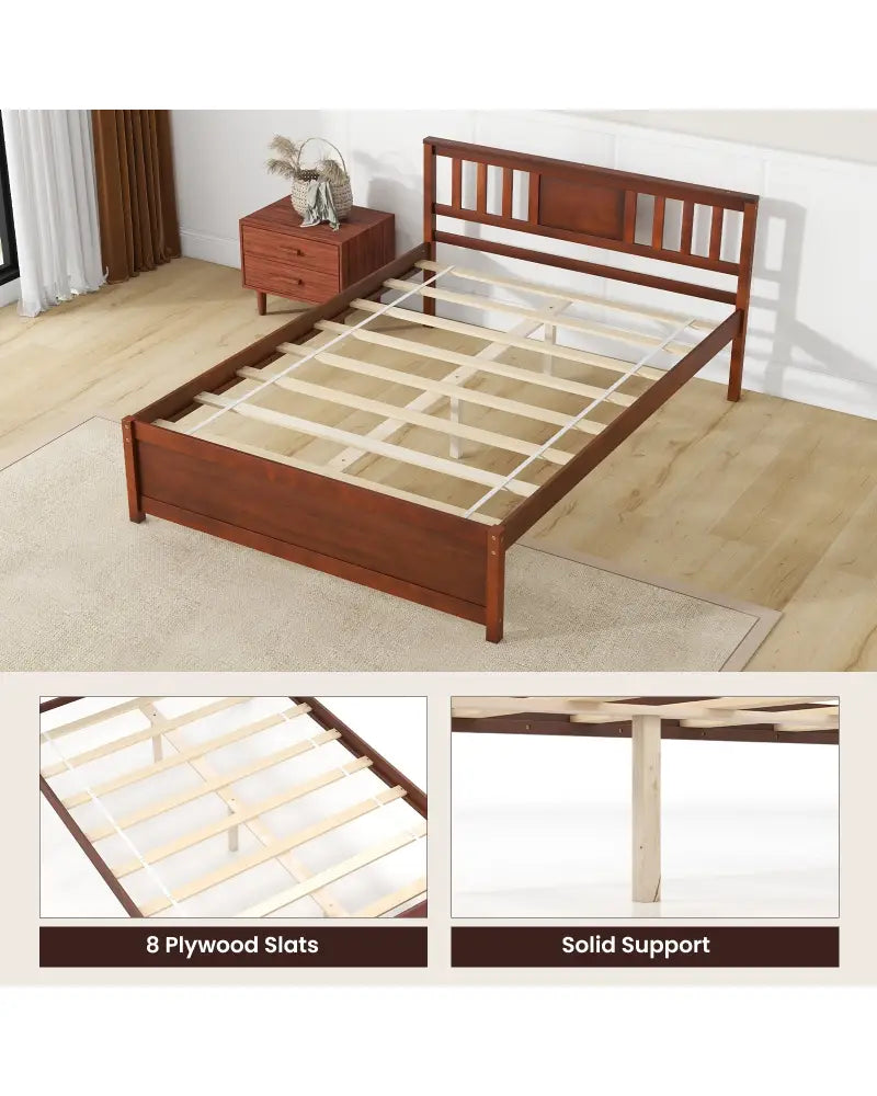 Wooden Platform Bed with Headboard and Wood Slat Support-Full Size - Walnut - Simple Bed Frame