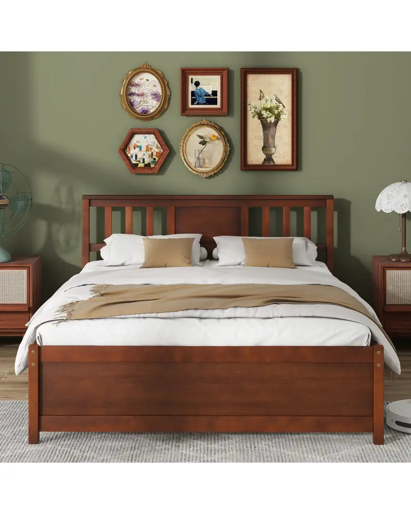 Wooden Platform Bed with Headboard and Wood Slat Support-Full Size - Walnut - Simple Bed Frame
