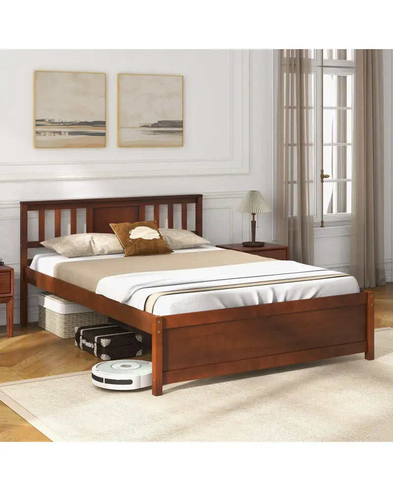 Wooden Platform Bed with Headboard and Wood Slat Support-Full Size - Walnut - Simple Bed Frame