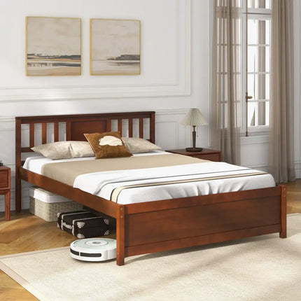 Wooden Platform Bed with Headboard and Wood Slat Support-Full Size - Walnut - Simple Bed Frame