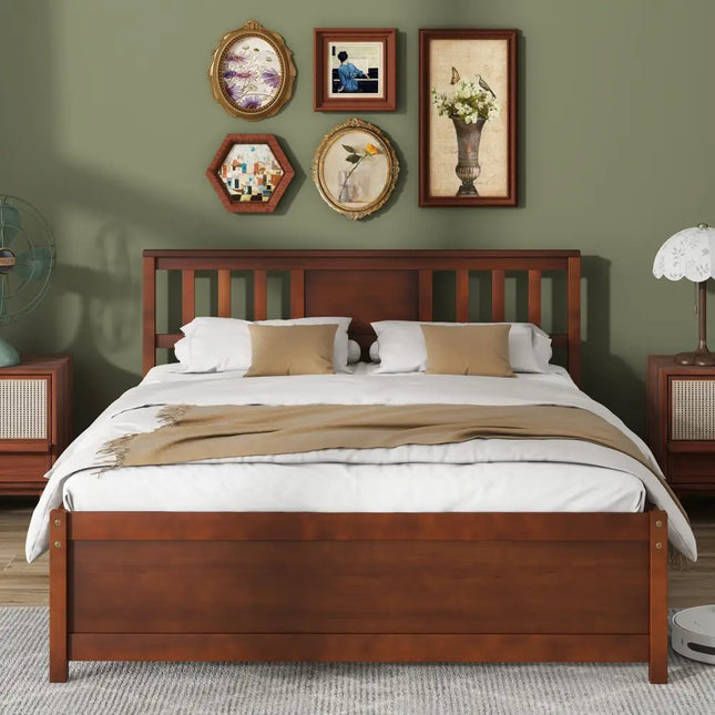 Wooden Platform Bed with Headboard and Wood Slat Support-Full Size - Walnut - Simple Bed Frame