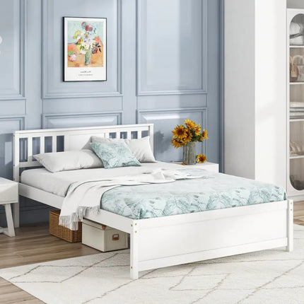 Wooden Platform Bed with Headboard and Wood Slat Support White-Full Size - White - Simple Bed Frame