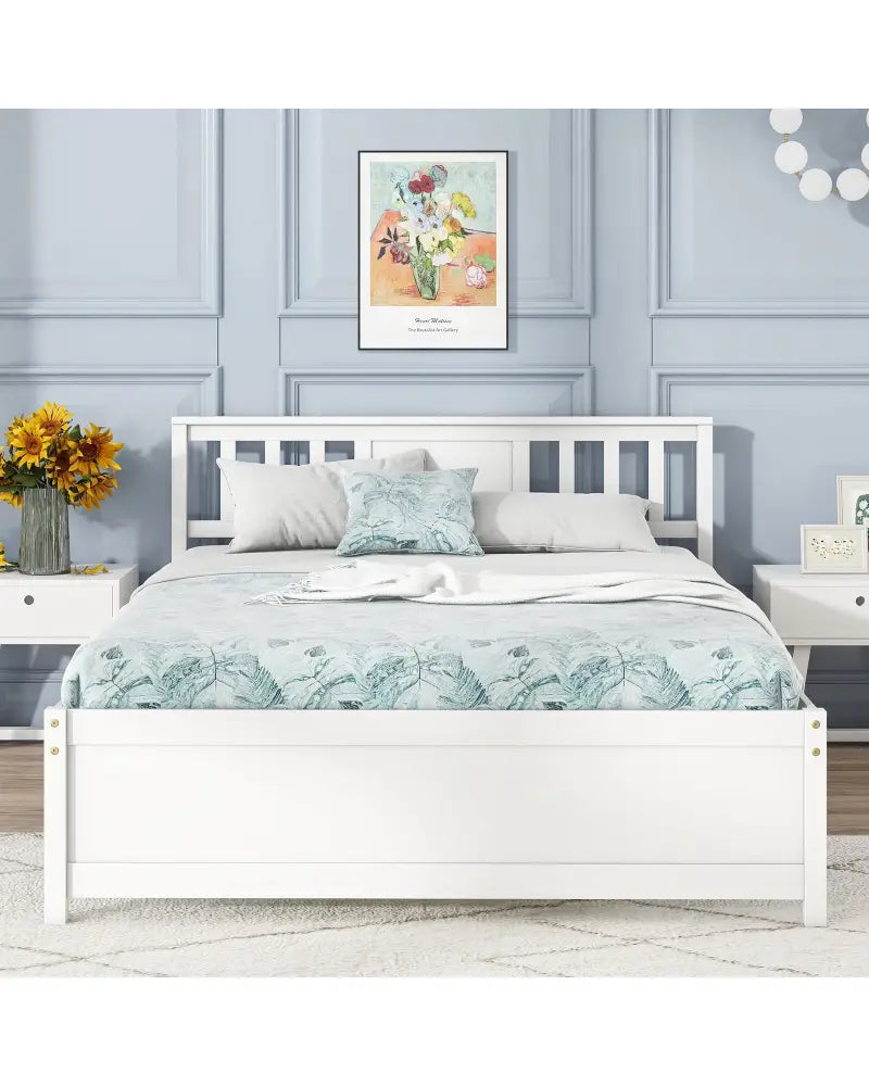 Wooden Platform Bed with Headboard and Wood Slat Support White-Full Size - White - Simple Bed Frame