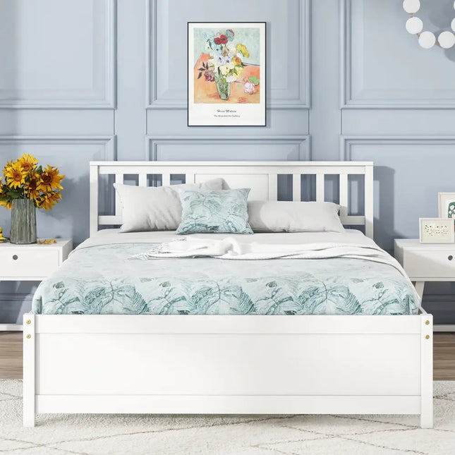 Wooden Platform Bed with Headboard and Wood Slat Support White-Full Size - White - Simple Bed Frame