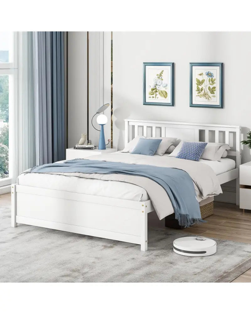 Wooden Platform Bed with Headboard and Wood Slat Support White-Full Size - White - Simple Bed Frame