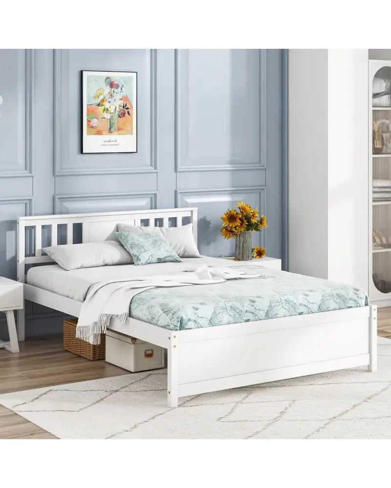 Wooden Platform Bed with Headboard and Wood Slat Support White-Full Size - White - Simple Bed Frame