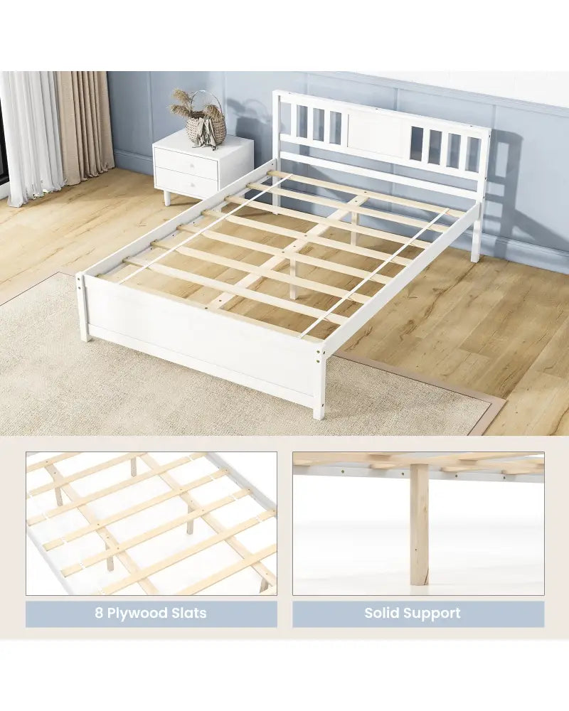 Wooden Platform Bed with Headboard and Wood Slat Support White-Full Size - White - Simple Bed Frame