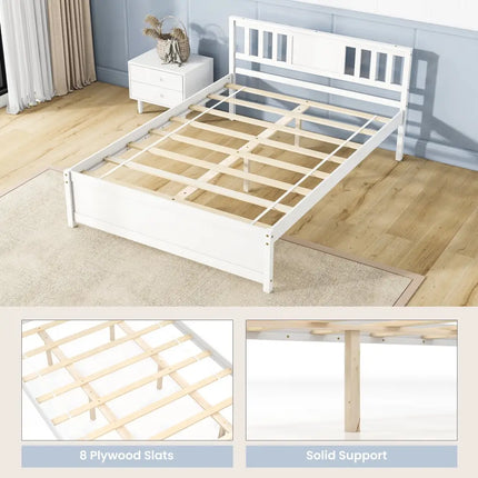 Wooden Platform Bed with Headboard and Wood Slat Support White-Full Size - White - Simple Bed Frame