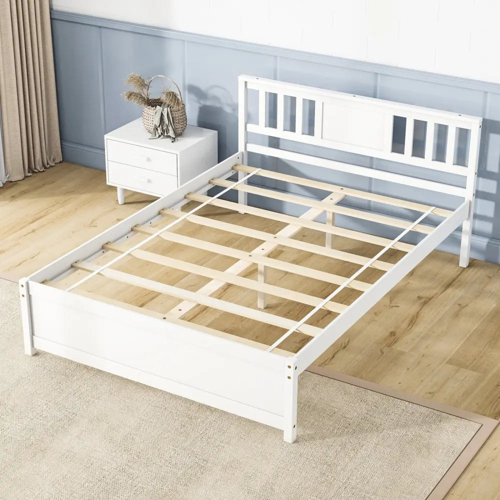 Wooden Platform Bed with Headboard and Wood Slat Support White-Full Size - White - Simple Bed Frame