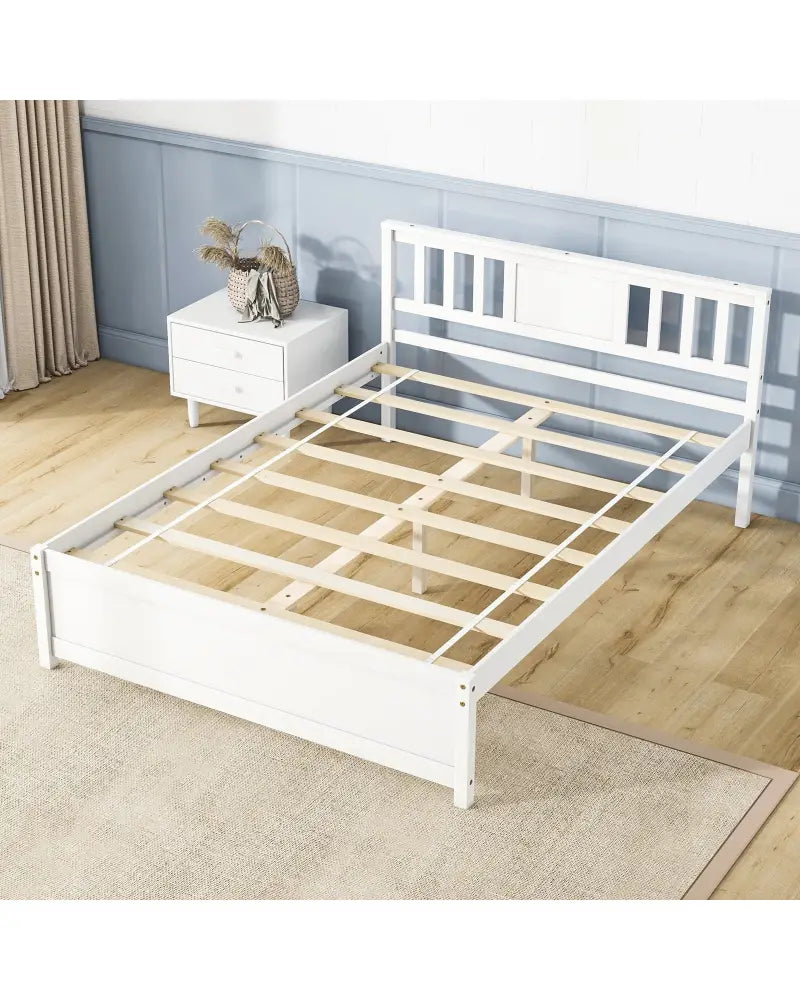 Wooden Platform Bed with Headboard and Wood Slat Support White-Full Size - White - Simple Bed Frame