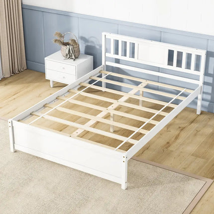 Wooden Platform Bed with Headboard and Wood Slat Support White-Full Size - White - Simple Bed Frame