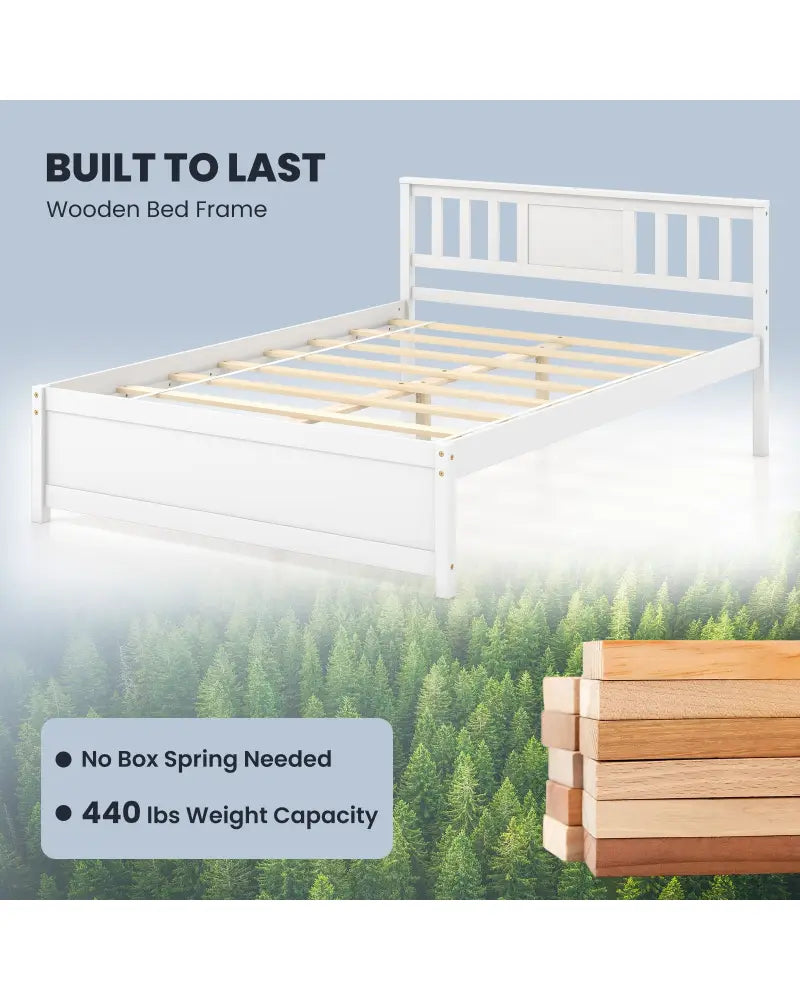 Wooden Platform Bed with Headboard and Wood Slat Support White-Full Size - White - Simple Bed Frame