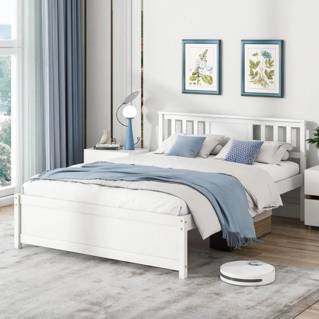 Wooden Platform Bed with Headboard and Wood Slat Support White-Full Size - White - Simple Bed Frame
