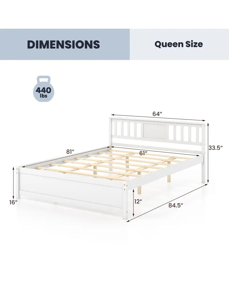 Wooden Platform Bed with Headboard and Wood Slat Support White-Queen Size - White - Simple Bed Frame