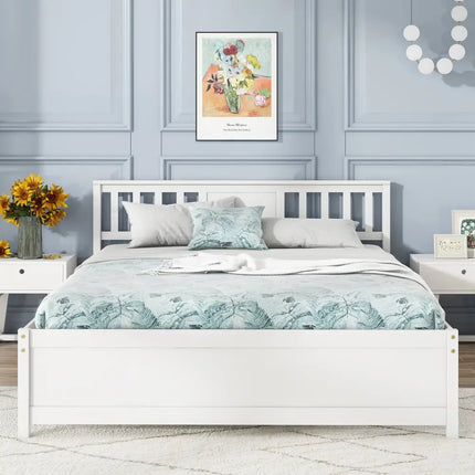 Wooden Platform Bed with Headboard and Wood Slat Support White-Queen Size - White - Simple Bed Frame