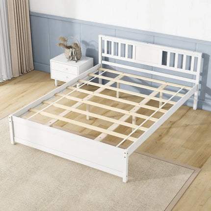 Wooden Platform Bed with Headboard and Wood Slat Support White-Queen Size - White - Simple Bed Frame