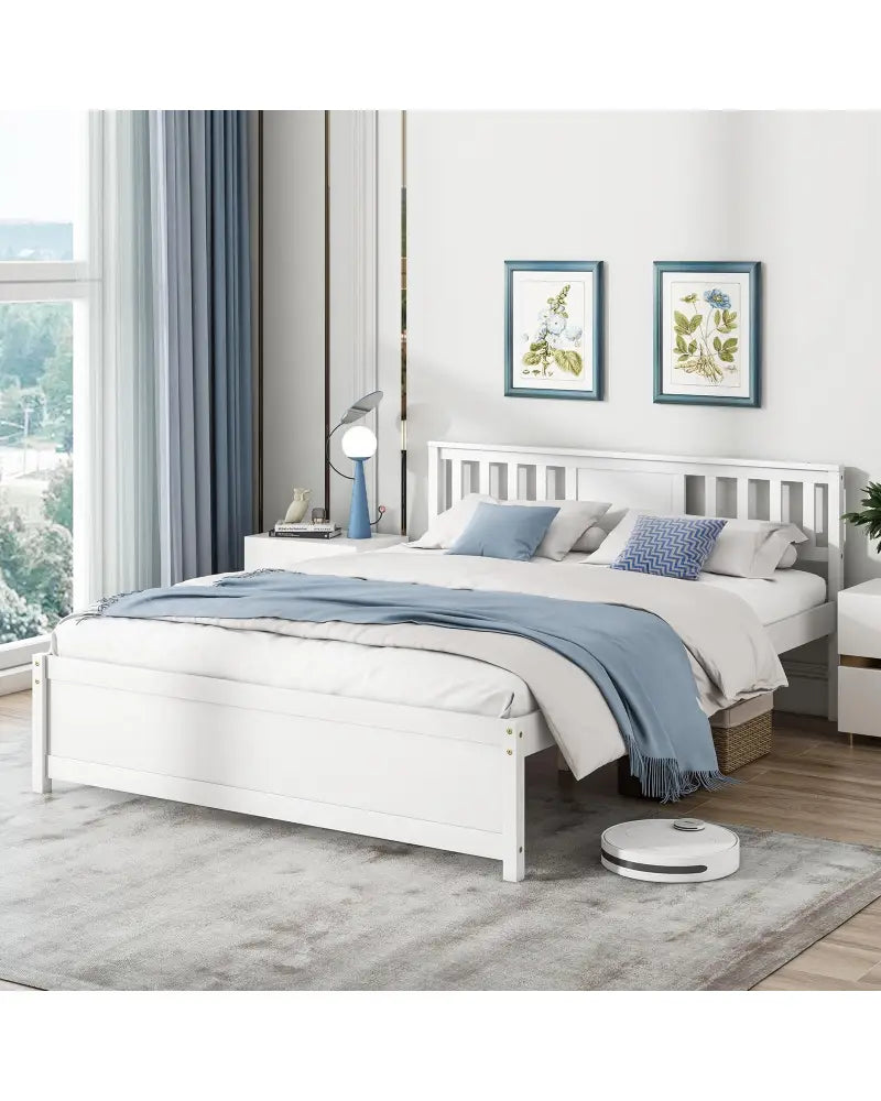 Wooden Platform Bed with Headboard and Wood Slat Support White-Queen Size - White - Simple Bed Frame