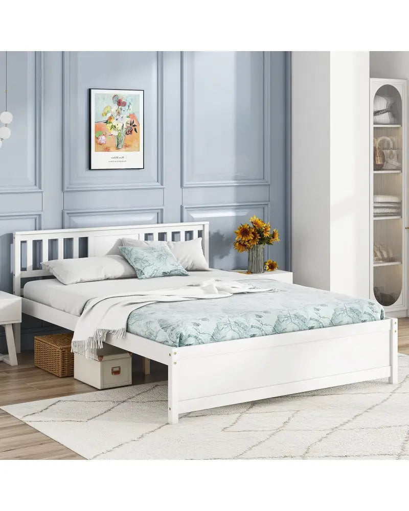 Wooden Platform Bed with Headboard and Wood Slat Support White-Queen Size - White - Simple Bed Frame
