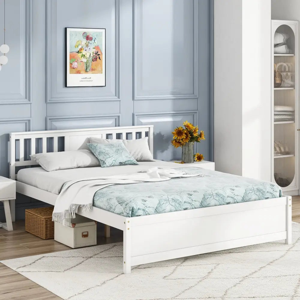 Wooden Platform Bed with Headboard and Wood Slat Support White-Queen Size - White - Simple Bed Frame