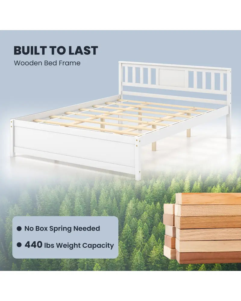 Wooden Platform Bed with Headboard and Wood Slat Support White-Queen Size - White - Simple Bed Frame