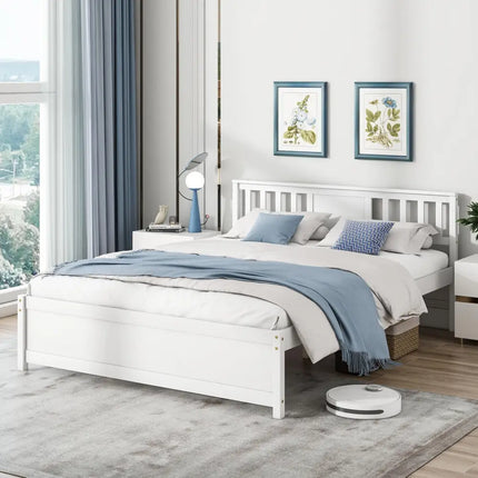 Wooden Platform Bed with Headboard and Wood Slat Support White-Queen Size - White - Simple Bed Frame