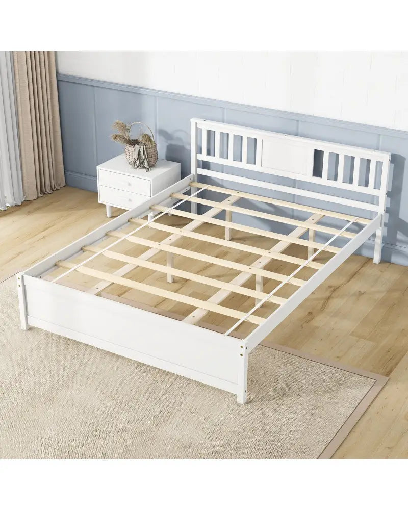 Wooden Platform Bed with Headboard and Wood Slat Support White-Queen Size - White - Simple Bed Frame