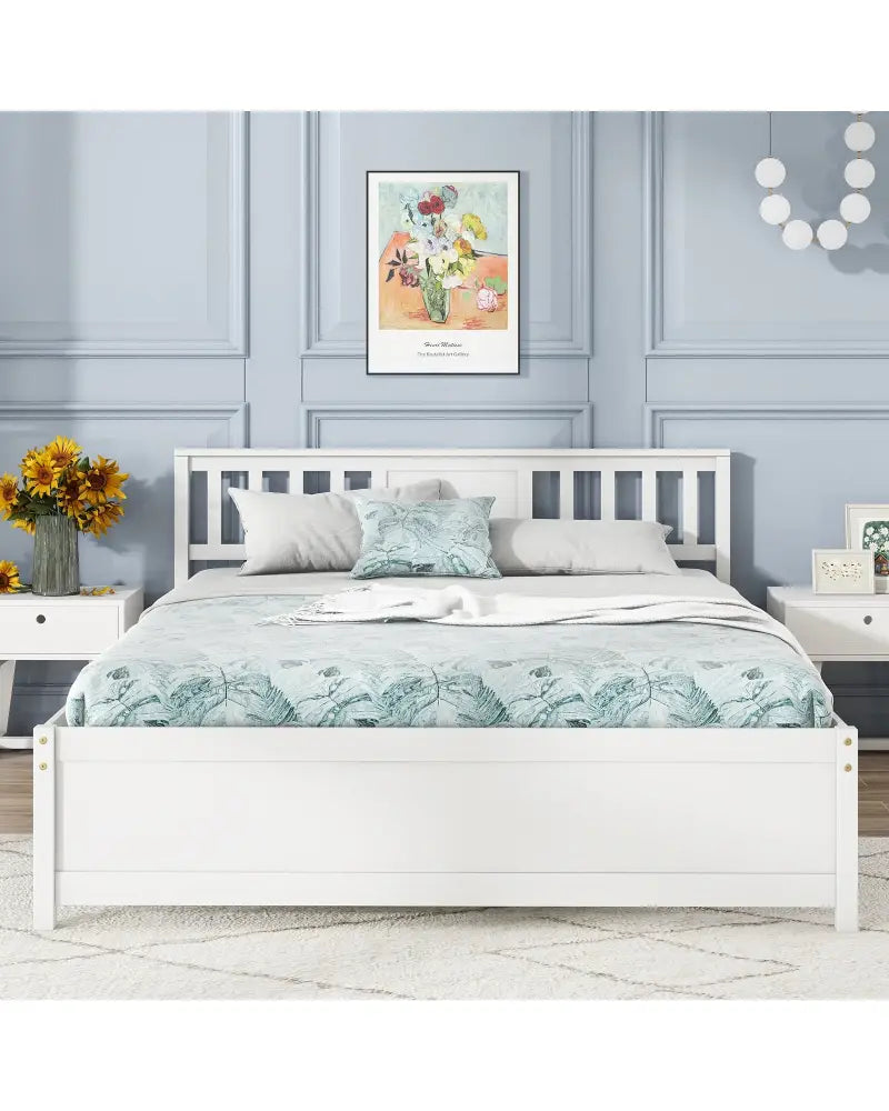 Wooden Platform Bed with Headboard and Wood Slat Support White-Queen Size - White - Simple Bed Frame