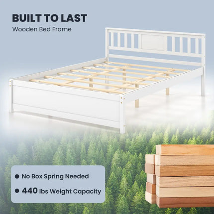 Wooden Platform Bed with Headboard and Wood Slat Support White-Queen Size - White - Simple Bed Frame