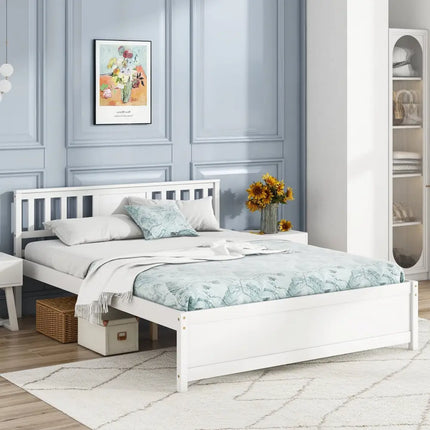 Wooden Platform Bed with Headboard and Wood Slat Support White-Queen Size - White - Simple Bed Frame