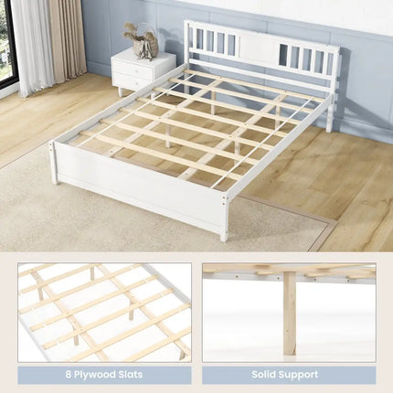Wooden Platform Bed with Headboard and Wood Slat Support White-Queen Size - White - Simple Bed Frame