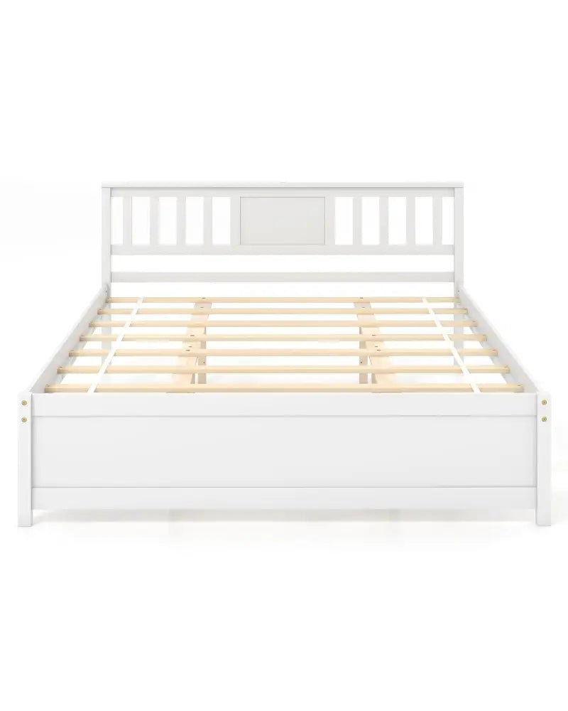Wooden Platform Bed with Headboard and Wood Slat Support White-Queen Size - White - Simple Bed Frame