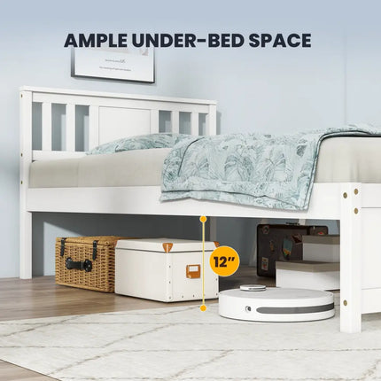 Wooden Platform Bed with Headboard and Wood Slat Support White-Twin Size - White - Simple Bed Frame