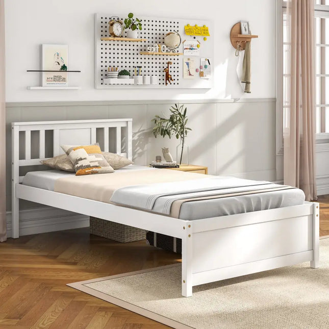 Wooden Platform Bed with Headboard and Wood Slat Support White-Twin Size - White - Simple Bed Frame