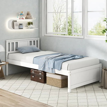 Wooden Platform Bed with Headboard and Wood Slat Support White-Twin Size - White - Simple Bed Frame