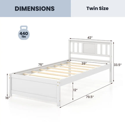 Wooden Platform Bed with Headboard and Wood Slat Support White-Twin Size - White - Simple Bed Frame