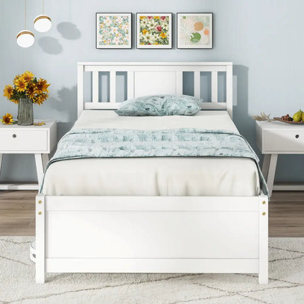 Wooden Platform Bed with Headboard and Wood Slat Support White-Twin Size - White - Simple Bed Frame