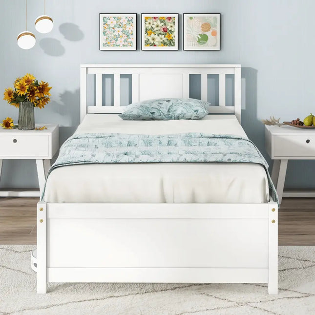 Wooden Platform Bed with Headboard and Wood Slat Support White-Twin Size - White - Simple Bed Frame