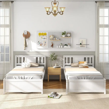 Wooden Platform Bed with Headboard and Wood Slat Support White-Twin Size - White - Simple Bed Frame