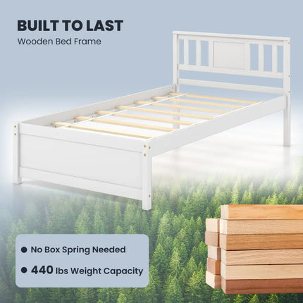 Wooden Platform Bed with Headboard and Wood Slat Support White-Twin Size - White - Simple Bed Frame