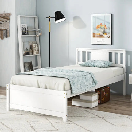 Wooden Platform Bed with Headboard and Wood Slat Support White-Twin Size - White - Simple Bed Frame