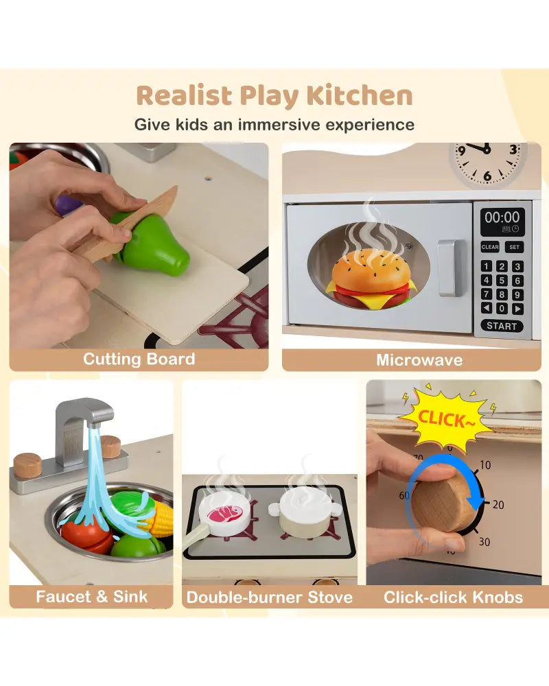 Wooden Play Kitchen Cooking Toy Playset for Kids-White - White - Play Kitchen Sets