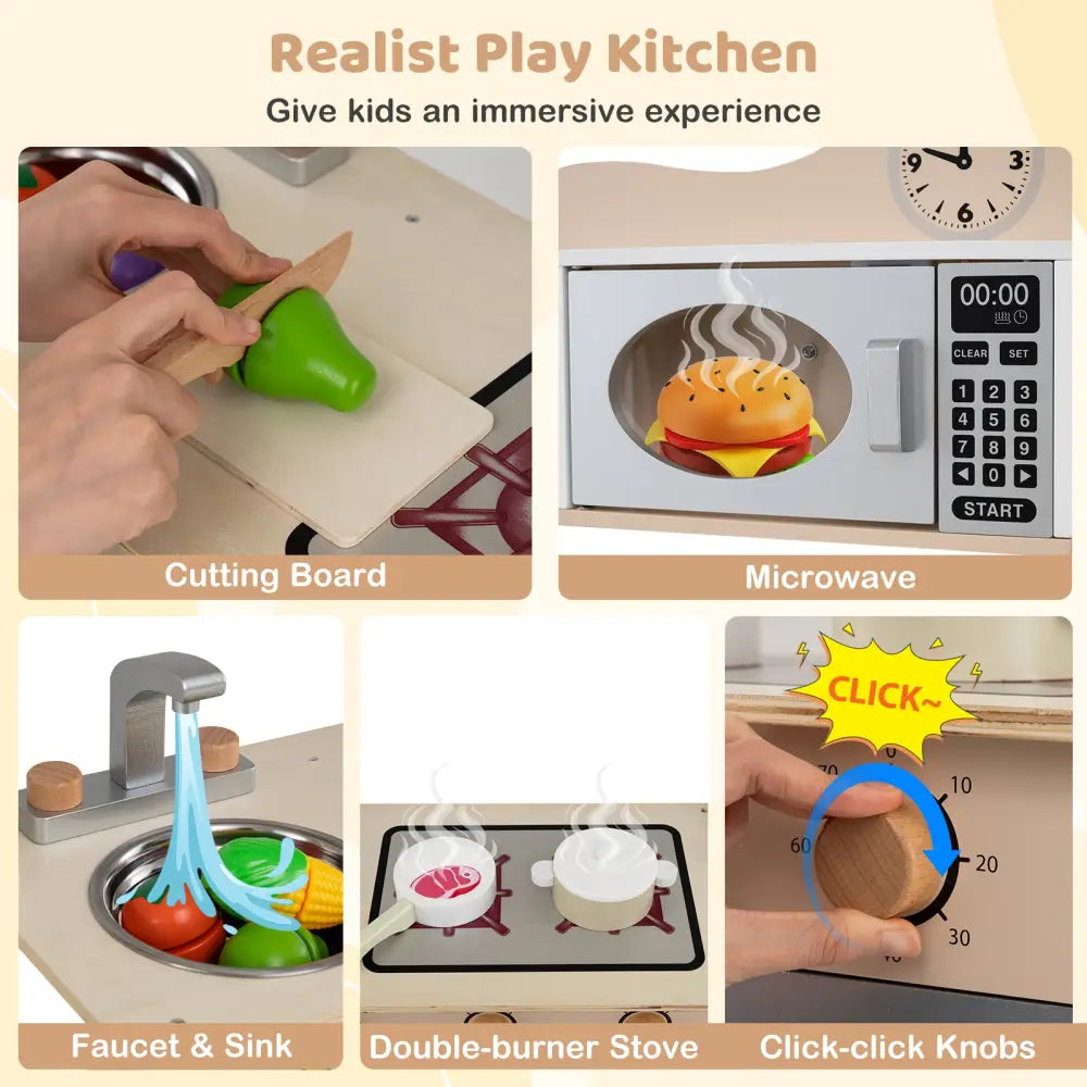 Wooden Play Kitchen Cooking Toy Playset for Kids-White - White - Play Kitchen Sets