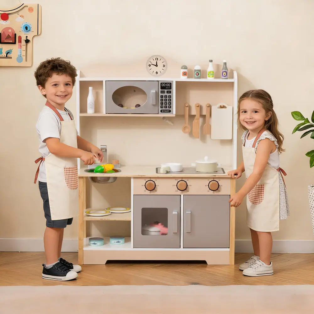 Wooden Play Kitchen Cooking Toy Playset for Kids-White - White - Play Kitchen Sets